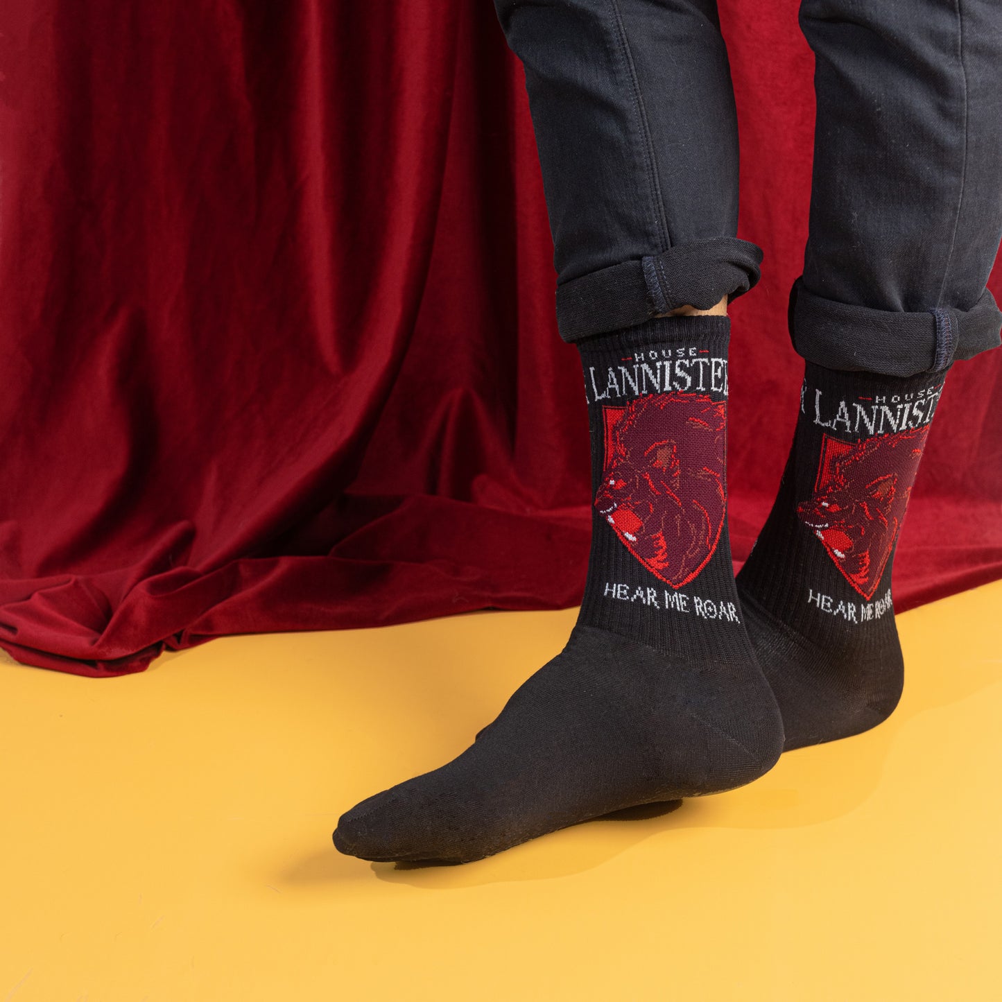 BALENZIA X GAME OF THRONES House Lannister Sigil & House of Stark Crew Length Rib Socks for Men (Free Size)(Pack of 2 Pairs/1U)White & Black - Balenzia