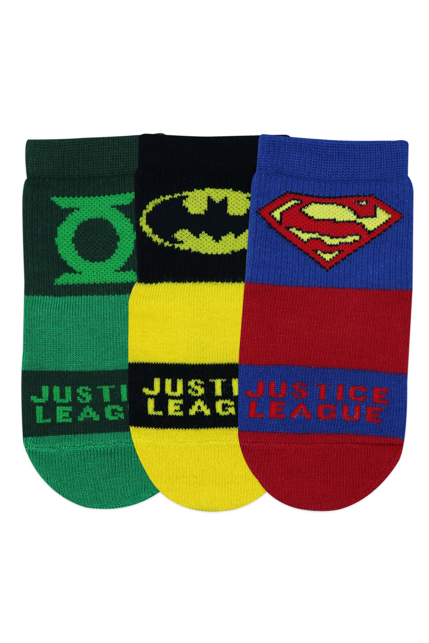 Justice League By Balenzia High Ankle Socks for Kids with Anti-Skid Silicone Technology (Pack Of 3 Pairs/1U)(1-2 Years)(2-3 Years)Superman, Batman, Green Lantern - Balenzia