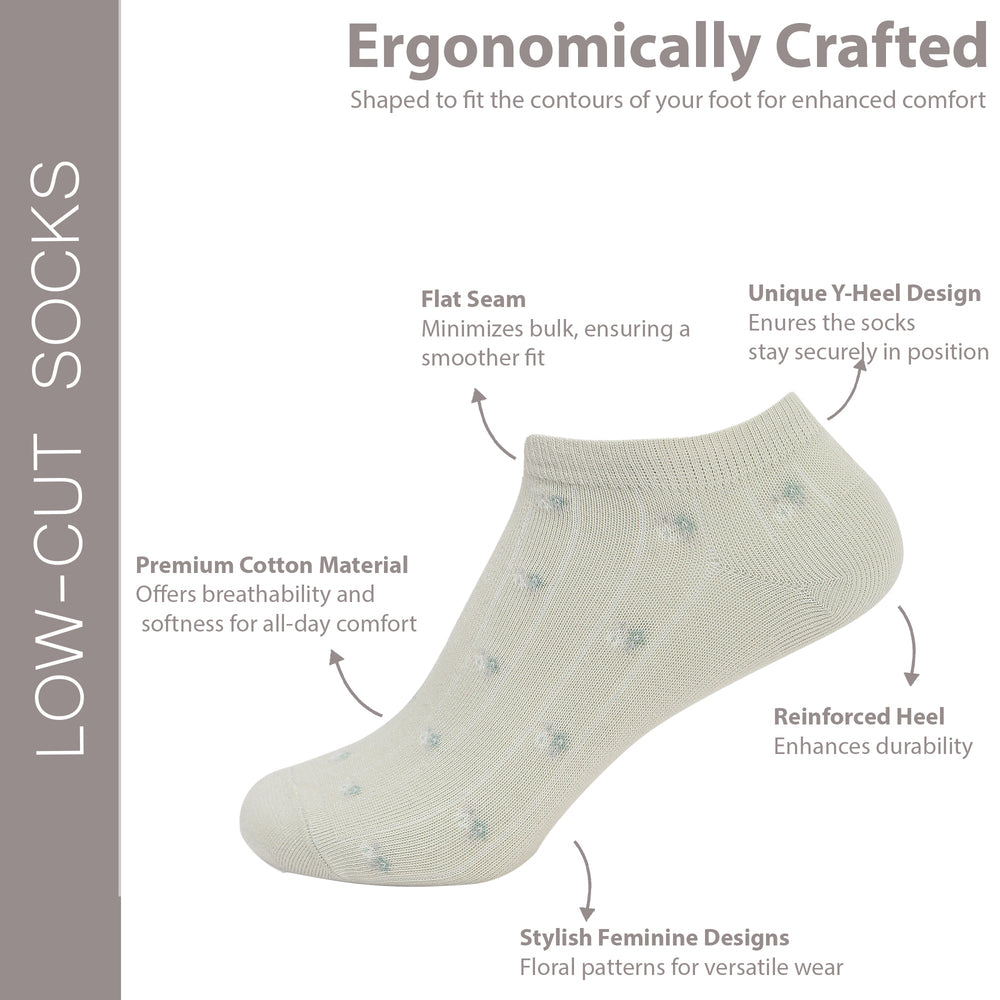 
                      
                        Women's Essentials Floral Motifs Low-Cut Socks | White, Fawn, Green | Pack of 3
                      
                    