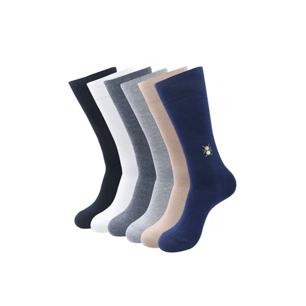 Balenzia Men's Motif Cotton Crew Socks- (Pack of 6 Pairs/1U) (Black,Beige,Navy,D.Grey,L.Grey,White) - Balenzia