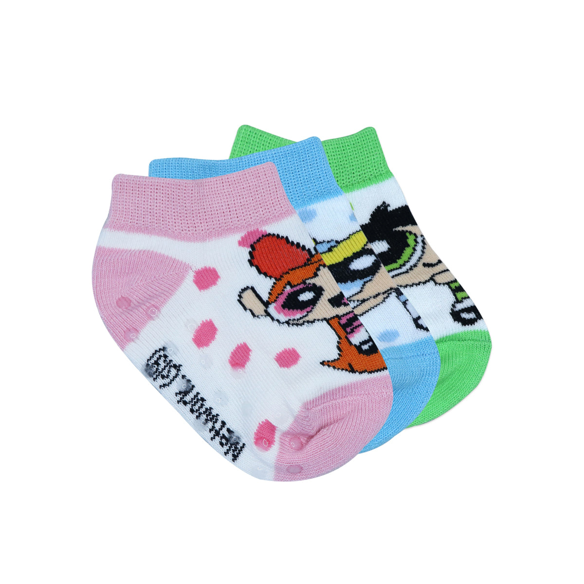 Powerpuff Girls Low Cut Socks by Balenzia for Kids with Anti-Skid Silicone Technology Made with 100% Combed Cotton & Spandex(Pack of 3 Pairs/1U)(1-2 Years)(2-3 Years)-Pink,Blue,Green - Balenzia