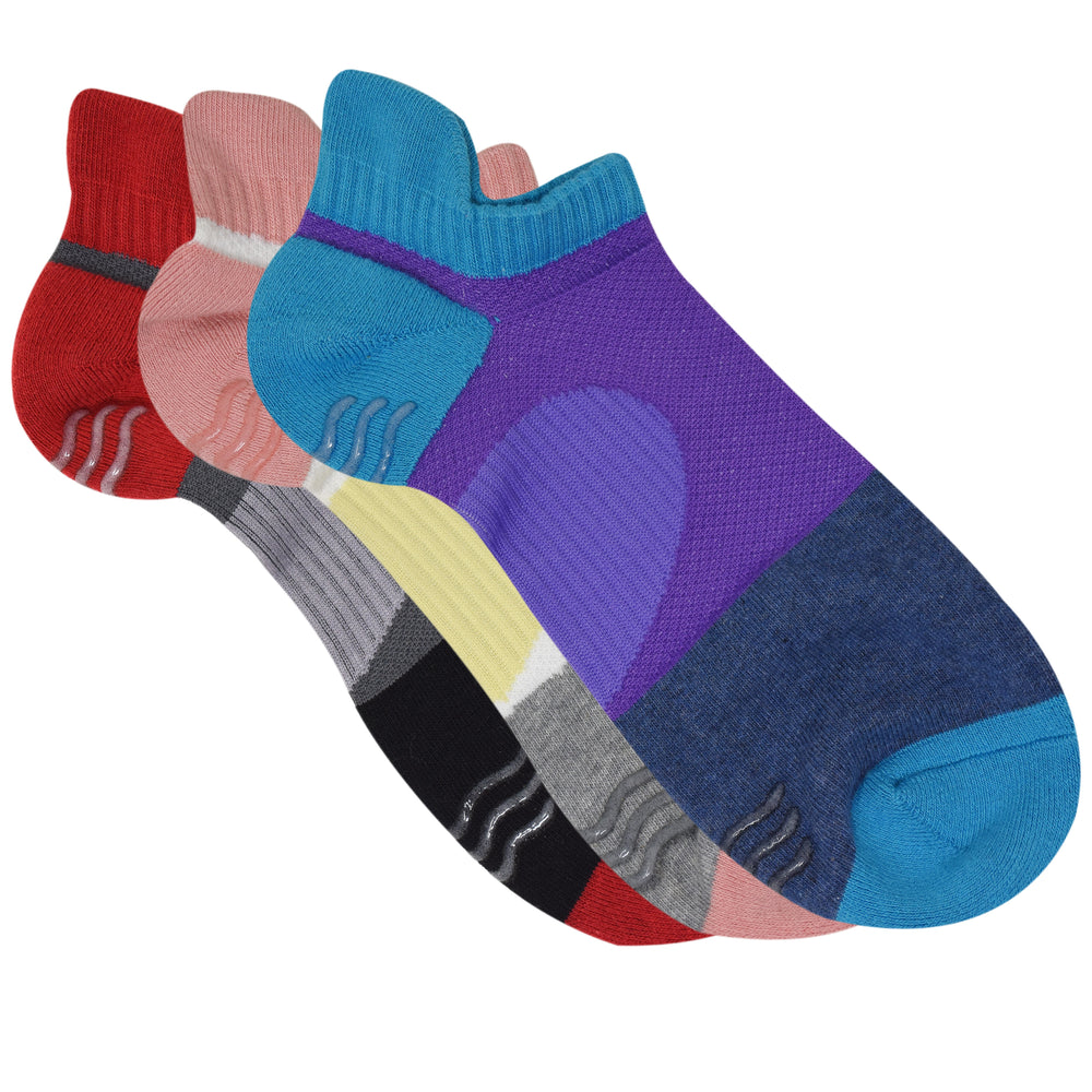 Balenzia Women's low cut skid proof, gym socks with mesh knit- Grey, Blue, Black-(Pack of 3 Pairs/1U) - Balenzia