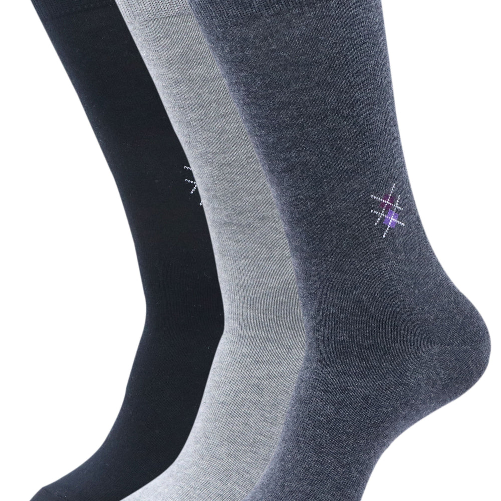 Balenzia Men's Motif Cotton Crew/Calf length Socks- (Pack of 3 Pairs/1U) (Black,L.Grey,D.Grey) - Balenzia