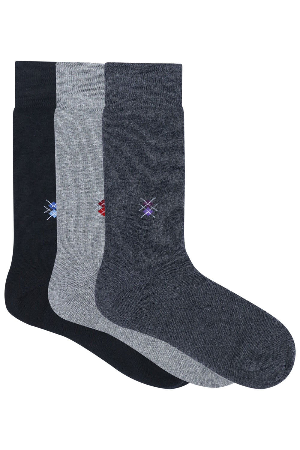 Balenzia Men's Motif Cotton Crew/Calf length Socks- (Pack of 3 Pairs/1U) (Black,L.Grey,D.Grey) - Balenzia