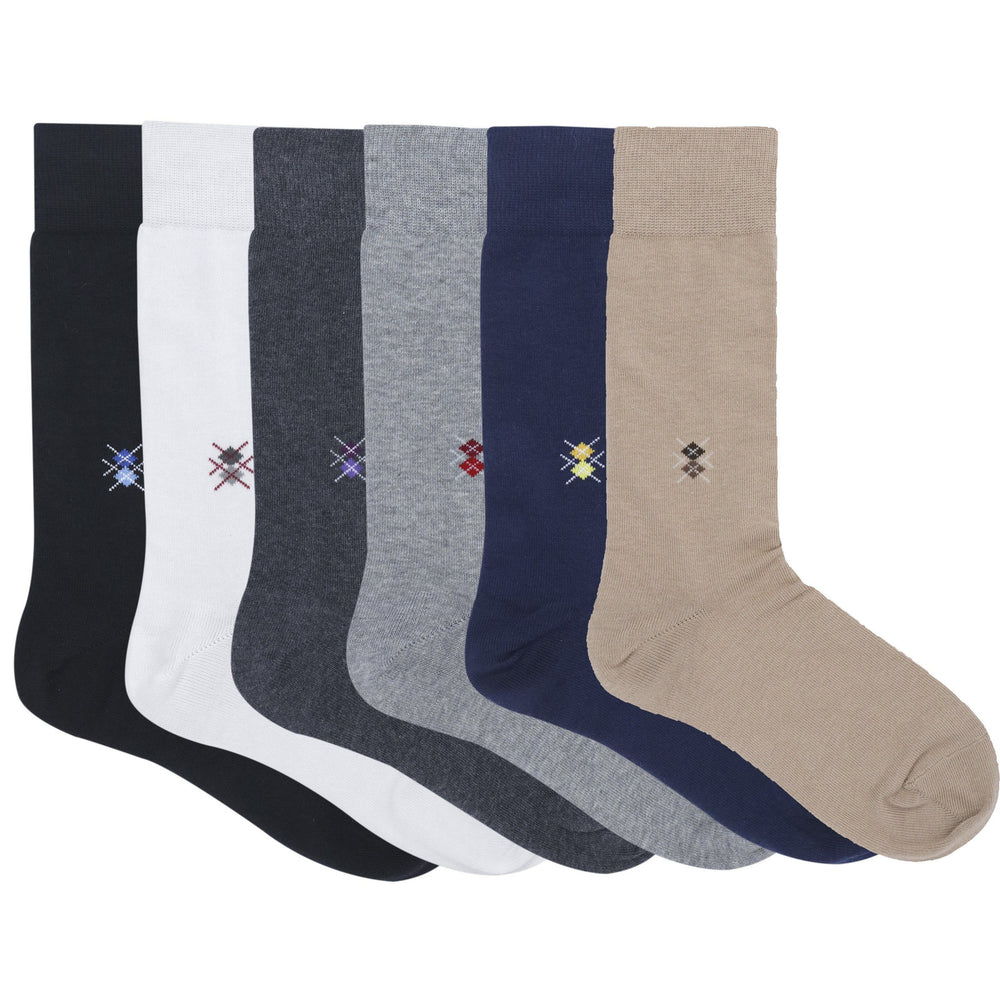 Balenzia Men's Motif Cotton Crew Socks- (Pack of 6 Pairs/1U) (Black,Beige,Navy,D.Grey,L.Grey,White) - Balenzia