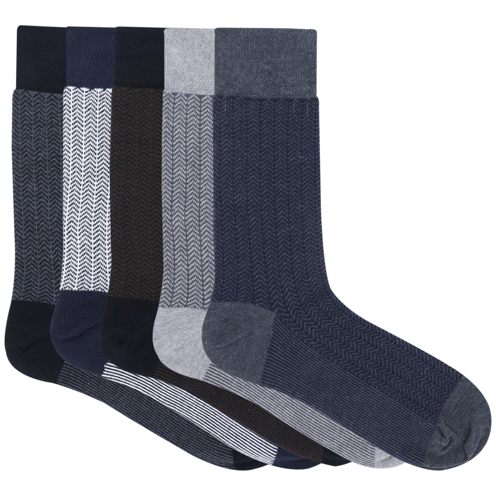 Balenzia Men's Zig Zag Patterned Cotton Crew length socks- (Pack of 5 Pairs/1U) (Black,Navy,Brown,L.Grey,D.Grey) - Balenzia