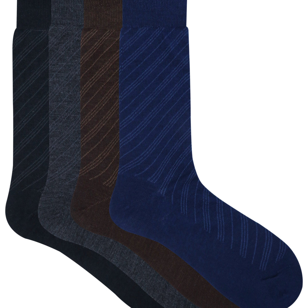 Balenzia Men's Woollen Diagonal Stripes design Crew Socks - Black, Navy, D.Grey,Brown- (Pack of 4 Pairs/1U) - Balenzia