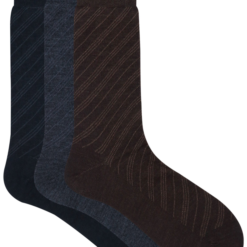 Balenzia Men's Woollen Diagonal Stripes design Crew Socks -Black,Brown, D.Grey- (Pack of 3 Pairs/1U) - Balenzia