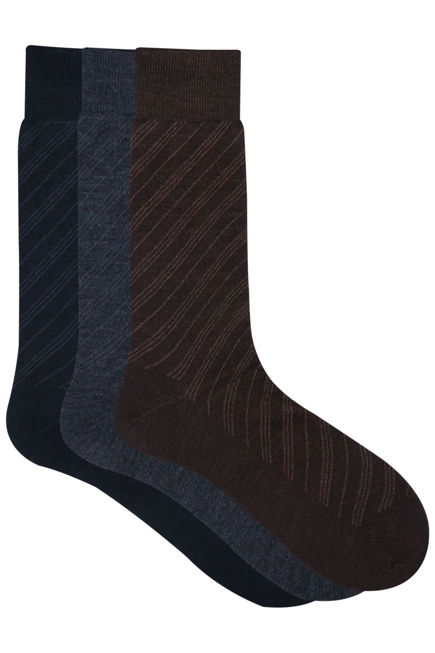 Balenzia Men's Woollen Diagonal Stripes design Crew Socks -Black,Brown, D.Grey- (Pack of 3 Pairs/1U) - Balenzia