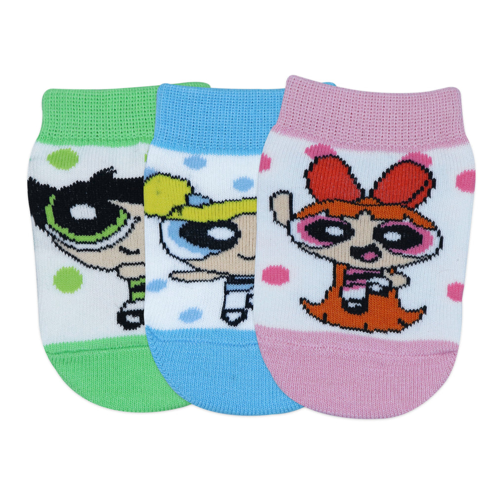 Powerpuff Girls Low Cut Socks by Balenzia for Kids with Anti-Skid Silicone Technology Made with 100% Combed Cotton & Spandex(Pack of 3 Pairs/1U)(1-2 Years)(2-3 Years)-Pink,Blue,Green - Balenzia