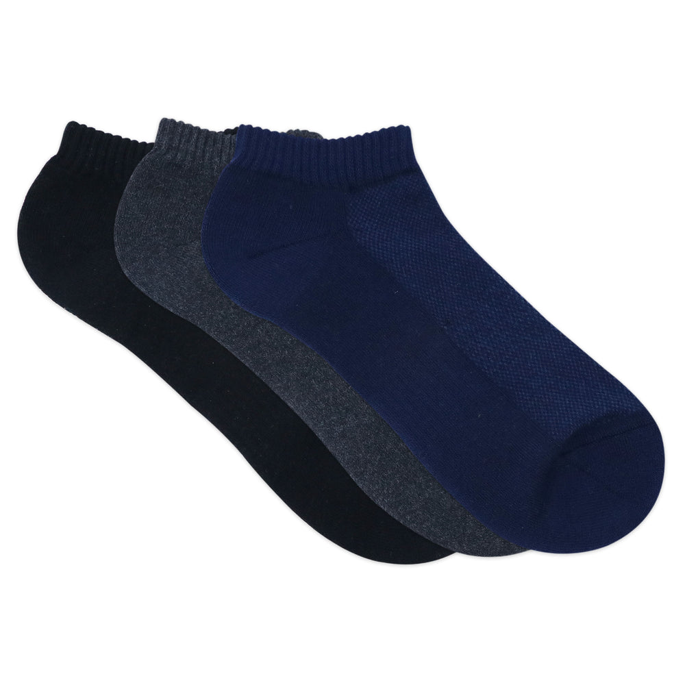 Balenzia Men's Cotton Cushioned Solid Ankle Socks with Mesh Knit, Gym Socks Free -(23 cm)Size, (Pack of 3 Pairs/1U) (Black,Navy,D.Grey) - Balenzia