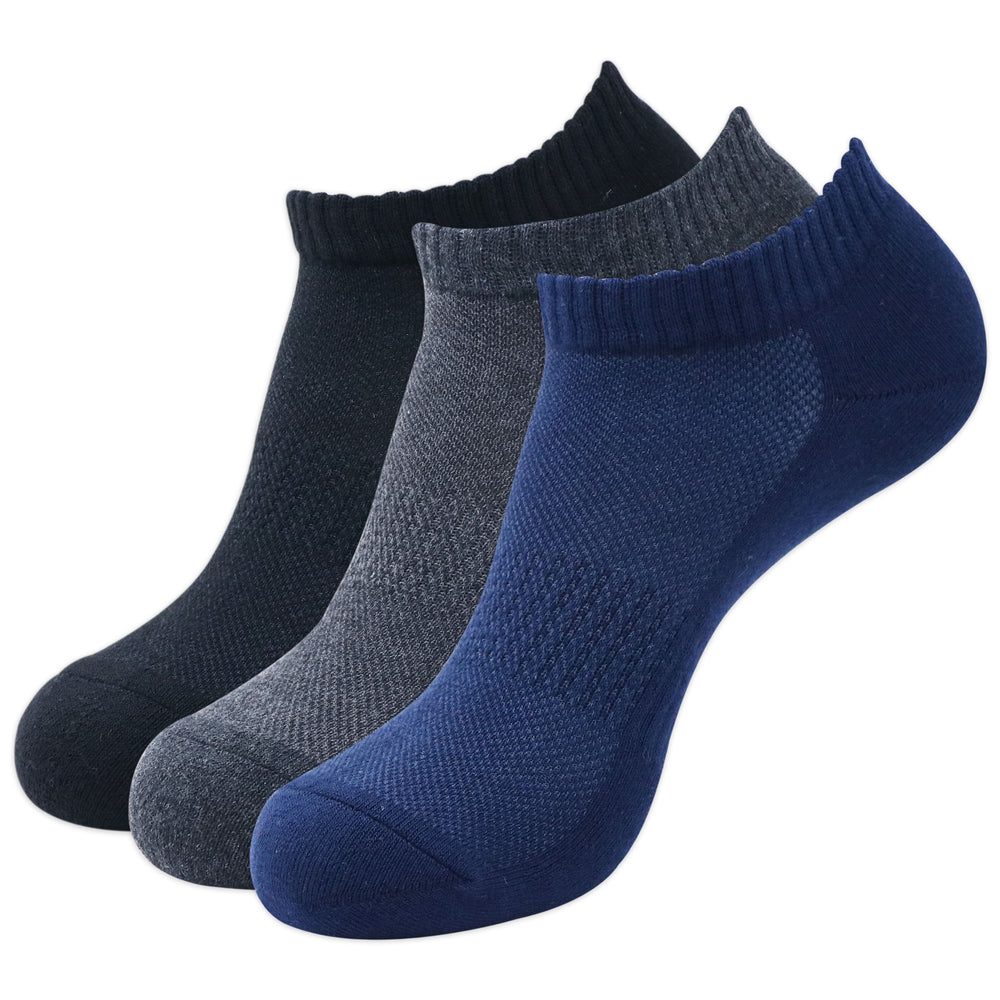 
                      
                        Balenzia Men's Cotton Cushioned Solid Ankle Socks with Mesh Knit, Gym Socks Free -(23 cm)Size, (Pack of 3 Pairs/1U) (Black,Navy,D.Grey) - Balenzia
                      
                    